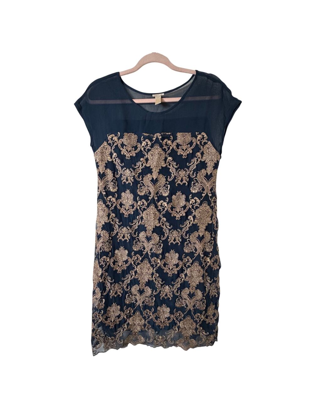 Sm Sundance Petite Navy Embroidered Shift Dress Gold Boho Luxe Artisan Feminine
